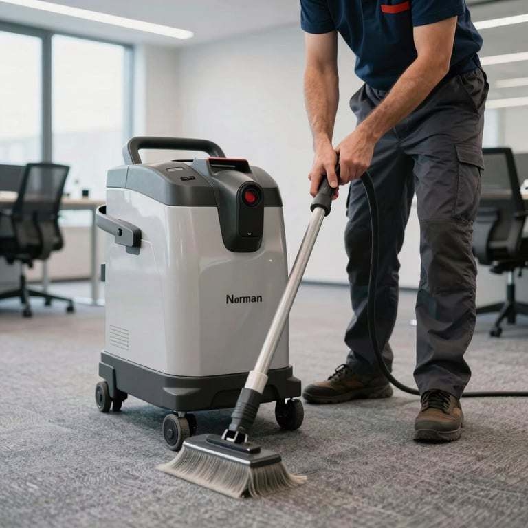 A detailed photograph of a professional cleaning technician using advanced industrial equipment to deep clean a carpet in a bright, modern office in Rouen, France / Norman.