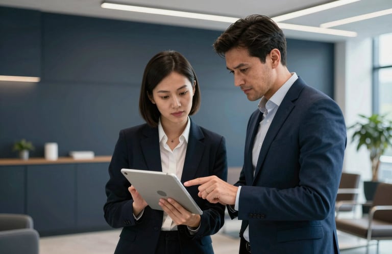 A candid shot of two professionals collaborating over a tablet in a stylish office lobby. The setting uses deep dark slate and silver-blue tones to highlight a sophisticated corporate environment.