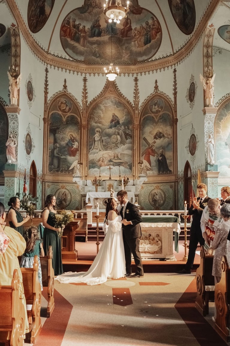 St. Ignatius Mission church wedding, Catholic wedding ceremony, first kiss
