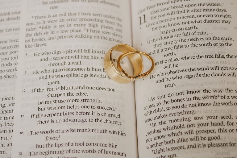 detail shot of wedding bands on bible pages