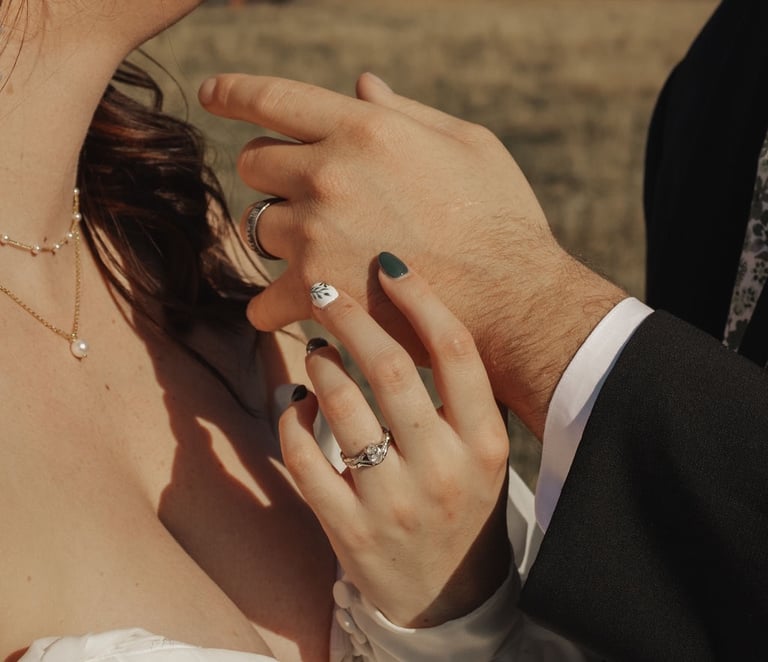 closeup of bride and groom hands, wedding rings