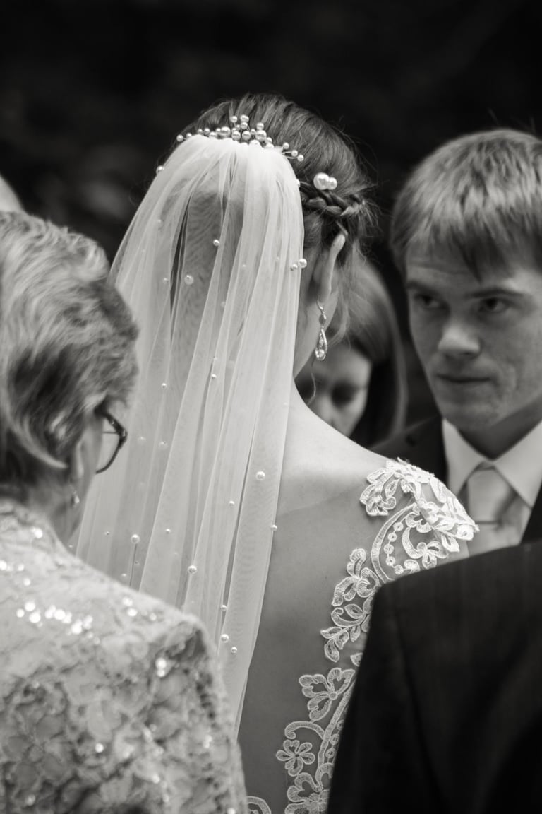 black and white photo, veil with beads, wedding ceremony