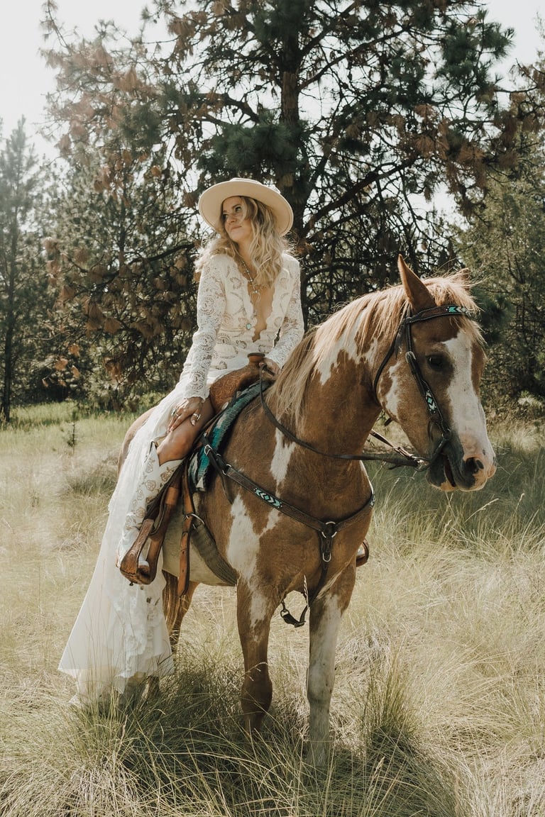 bridal portrait, riding a paint horse, Big Arm State Park