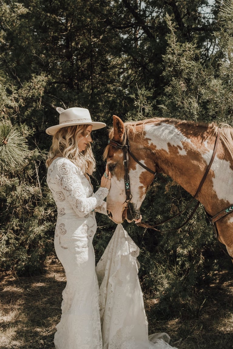 bridal portrait, paint horse, lace dress, Big Arm State Park