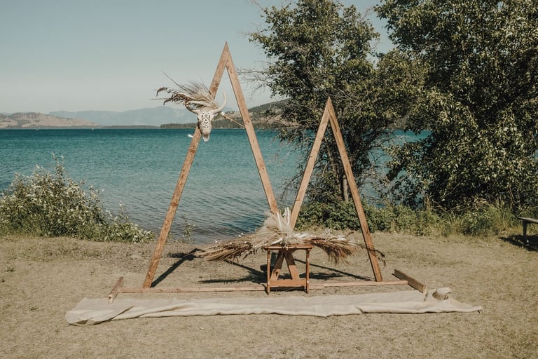 wooden mountain ceremony backdrop on Flathead Lake, Big Arm State Park