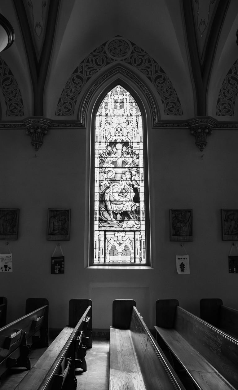 black and white shot of Catholic Church, stained glass, St. Patrick Co-Cathedral