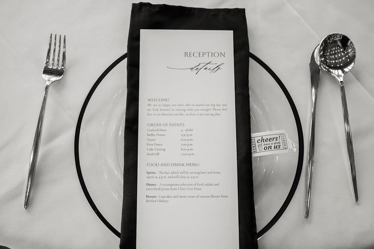reception flat lay of plate, utensils, and menu, black and white