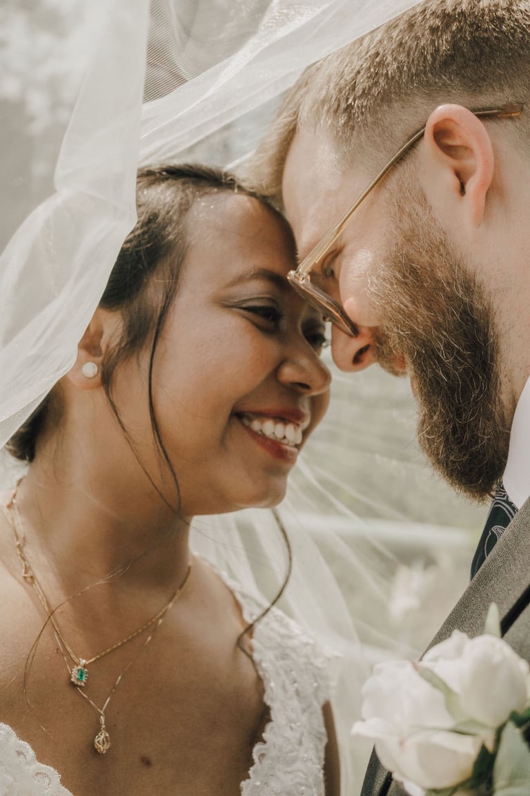 bride and groom portrait, under the veil shot