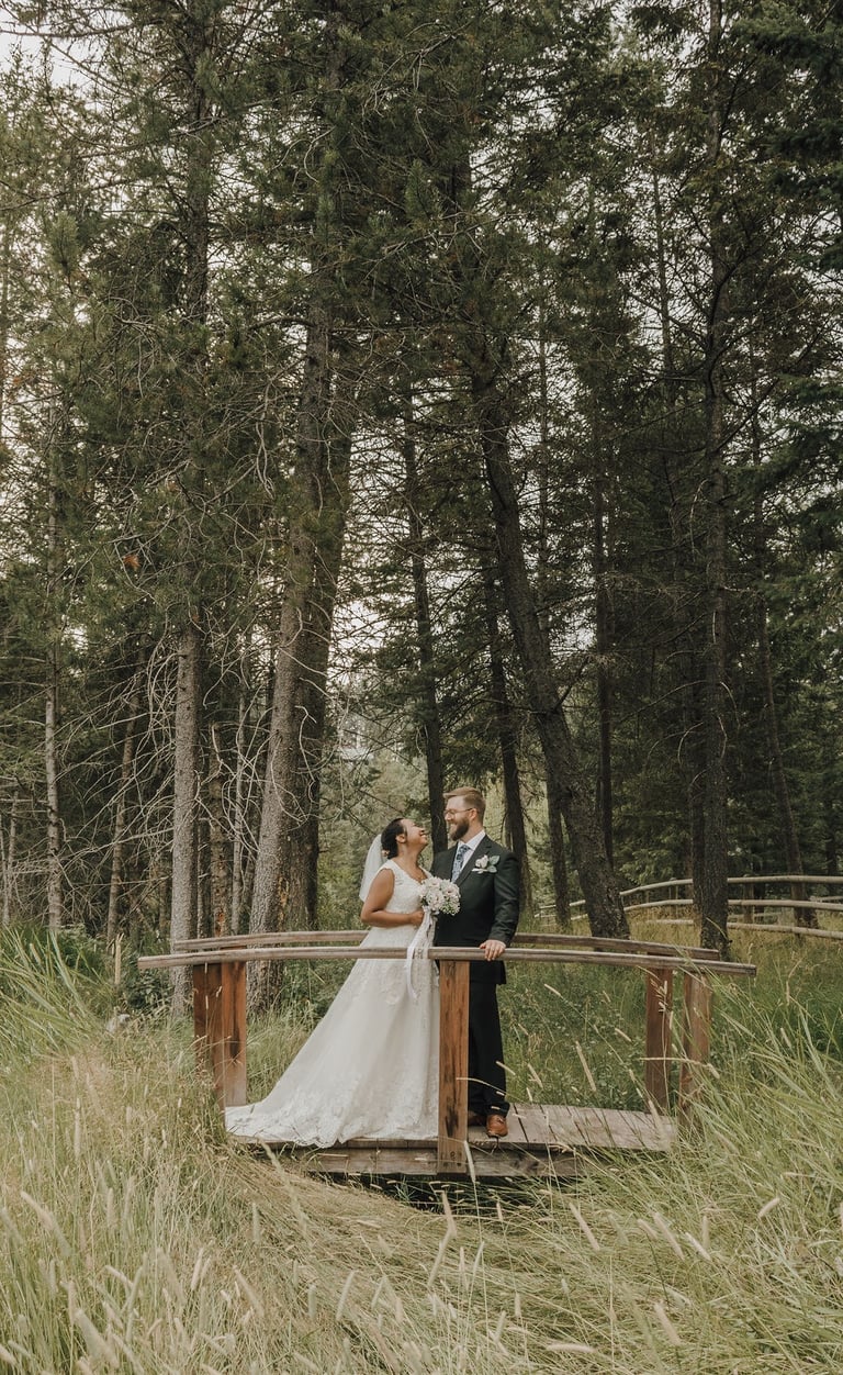 bride and groom portrait, bridge, pine trees, Haymoon Resort