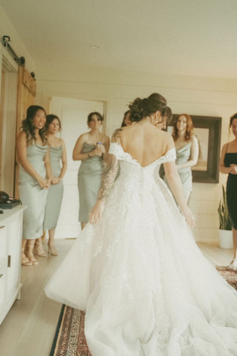 candid shot of first look with bridesmaids