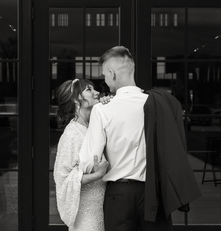 black and white bride and groom portrait, Snowline Acres