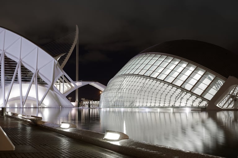Architectural photo of the City of Arts and Sciences in Valencia reflected in a still pool at night.