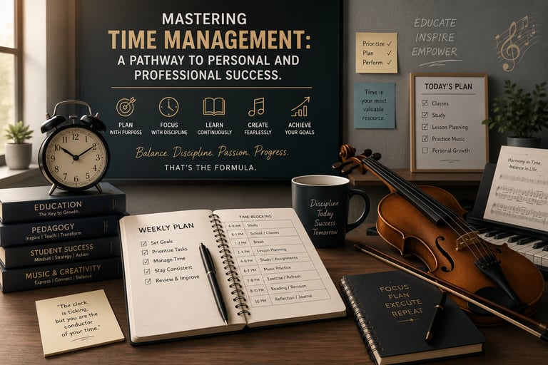 A workspace featuring clock, planner symbolizing effective time management