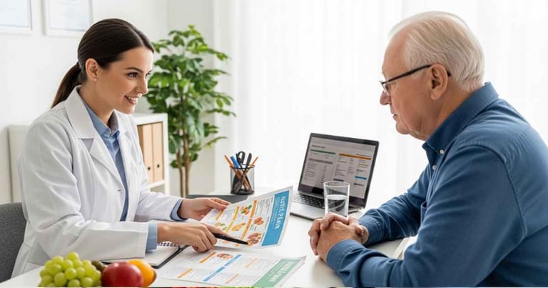 Nutricionista explicando plano alimentar para pessoa idosa em consultório, iluminação branca, fotografia realista.