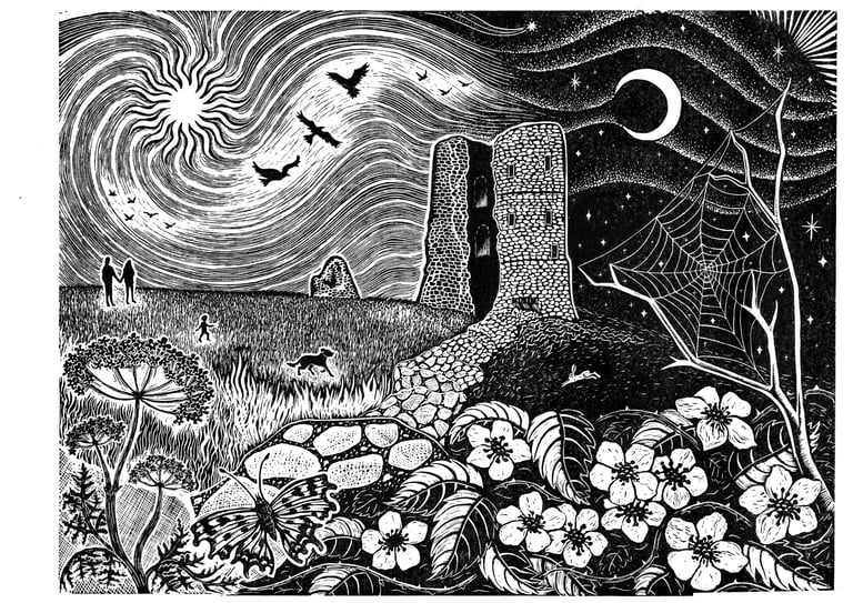 linocut print of Hadleigh Castle by printmaker Natasha Davis from Essex