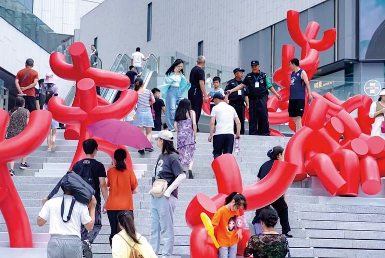 Red Fiberglass Tube-Man Sculptures for Round Tube People Art Exhibition Outdoor Steps in Guiyang by DEFARA