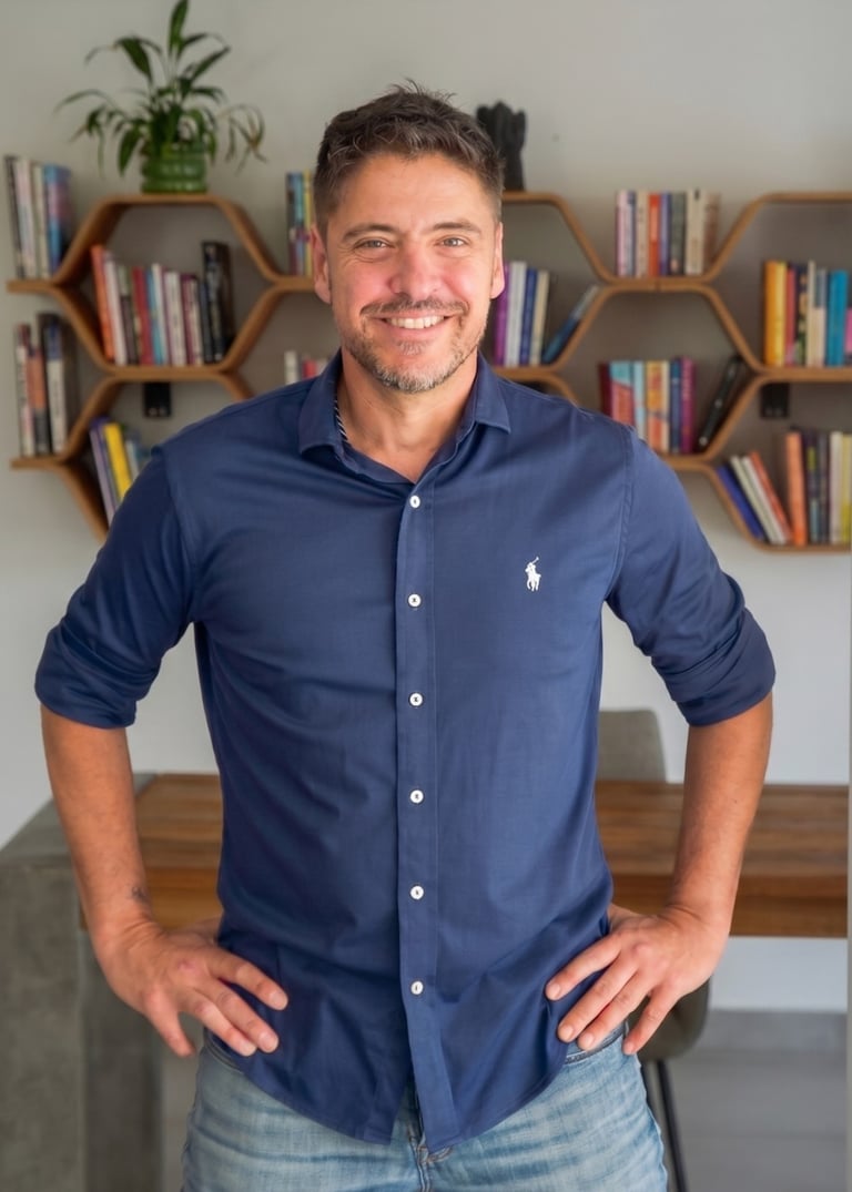 Smiling professional man in a blue button-down shirt standing in front of a modern bookshelf.