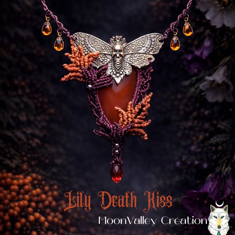 collier micro macramé poison garden feuille perle violet orange papillon moon valley creation