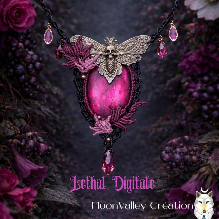 collier micro macramé poison garden feuille perle noir rose papillon moon valley creation