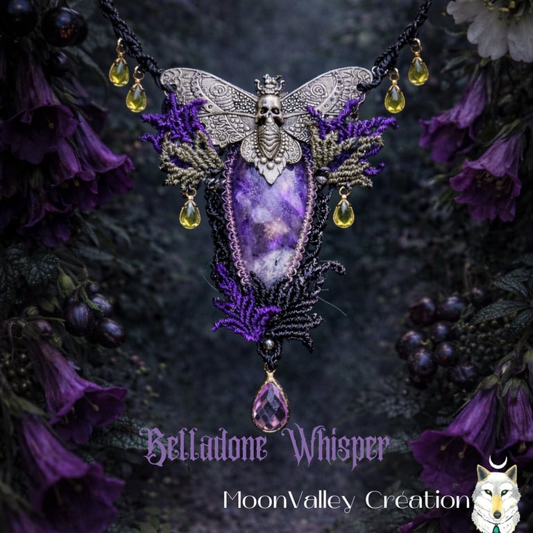 collier micro macramé poison garden feuille perle violet noir moon valley creation papillon
