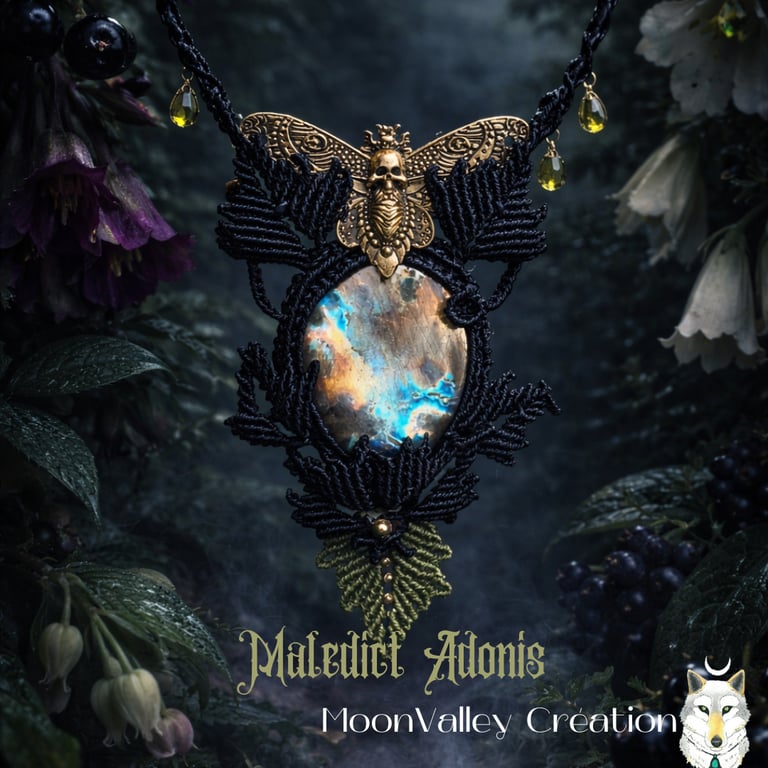 collier micro macramé poison garden feuille perle noir papillon labradorite moon valley creation