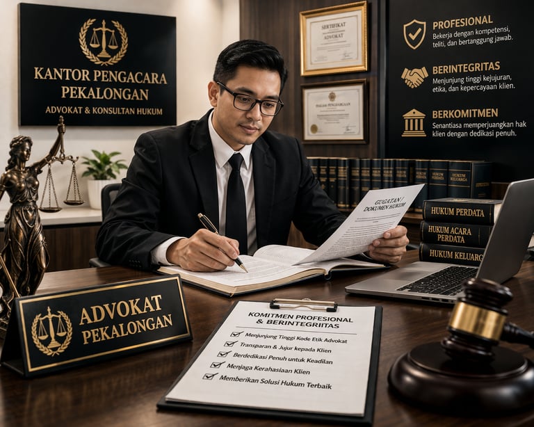 Professional lawyer in Pekalongan office reviewing legal documents with Lady Justice statue and gavel.