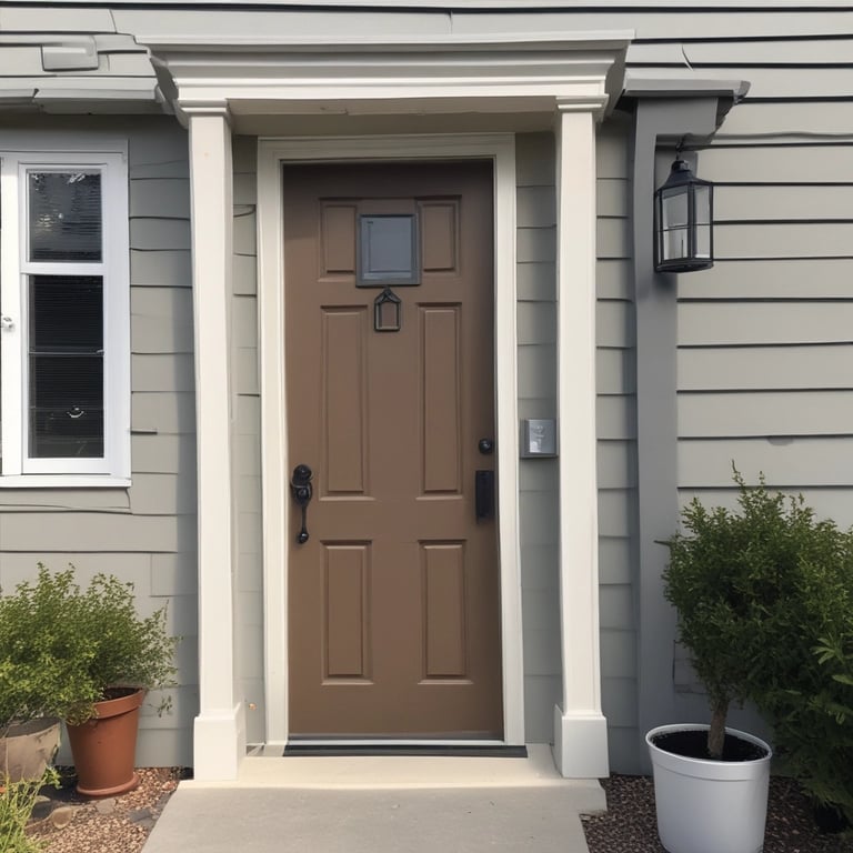 exterior brown door and white trim , with gray siding 
