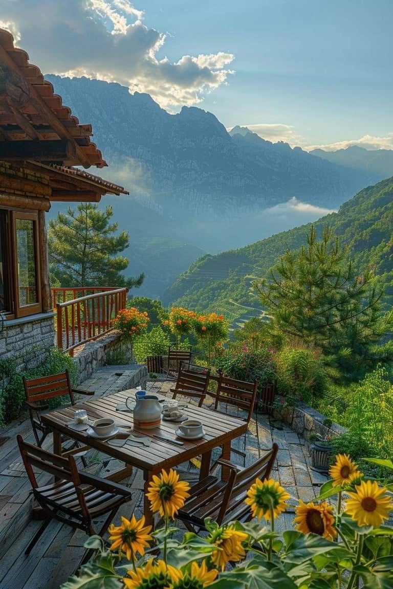 Cup of tea on a wooden table with a mountain sunrise in the background – a peaceful morning reminder that a positive thought