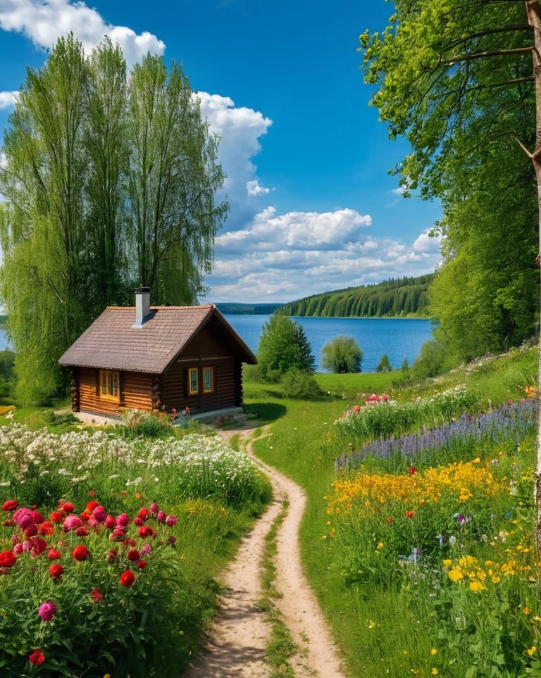 Clear day with flowers blooming along a path leading to a wooden house – a serene start to the day, reminding us how positivi
