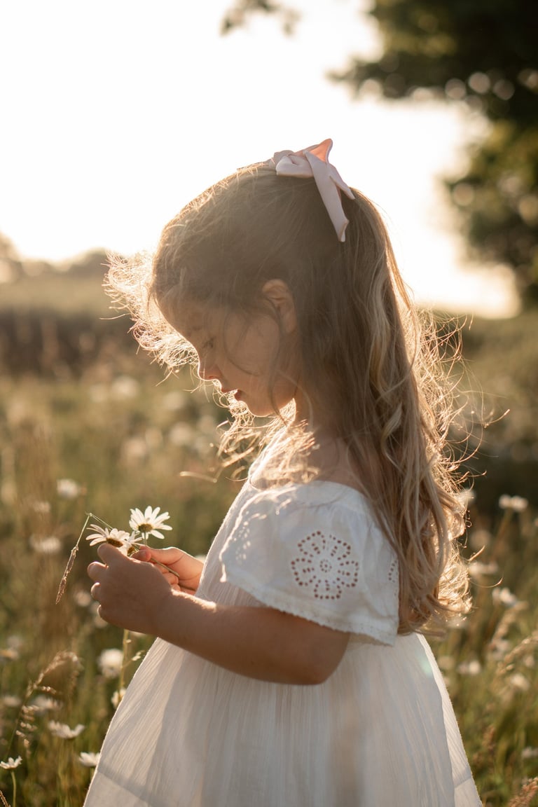 Young girl with long hair picking daisies in a sunlit field during golden hour.