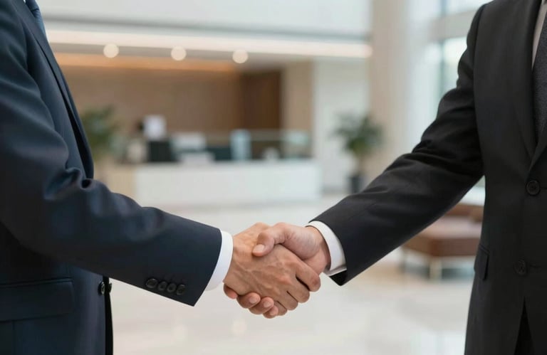 A professional handshake between two business executives in formal attire, set in a sleek North American lobby. Empowering and sophisticated mood.