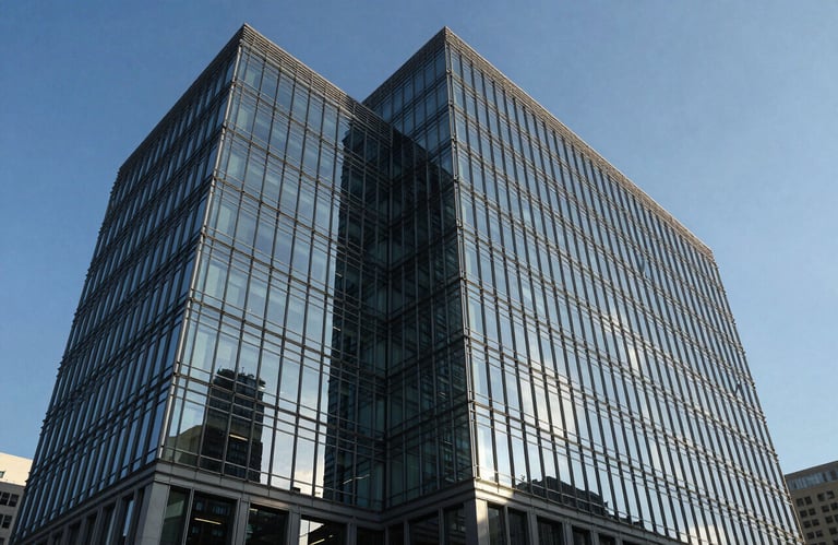 Modern glass architecture of a North American corporate headquarters, reflecting a clear blue sky, emphasizing stability, professionalism, and scale.
