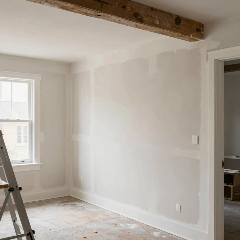 Close-up of a wall showing various damages like holes, cracks, and water stains.