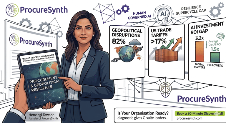 ProcureSynth infographic showing data on geopolitical resilience and AI supply chain trends.