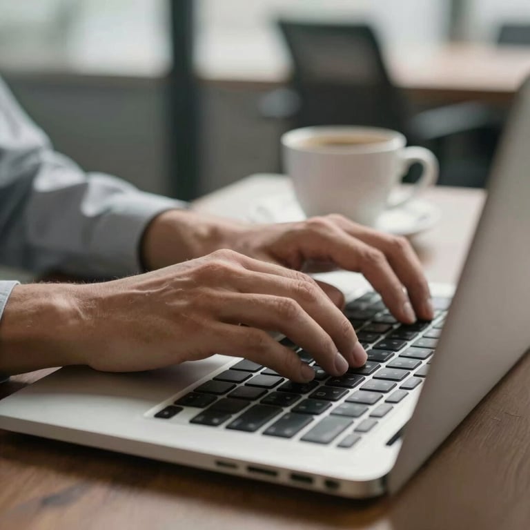 A close-up of professional hands typing on a laptop keyboard with a blurred coffee cup in the background, soft morning light in a US office.