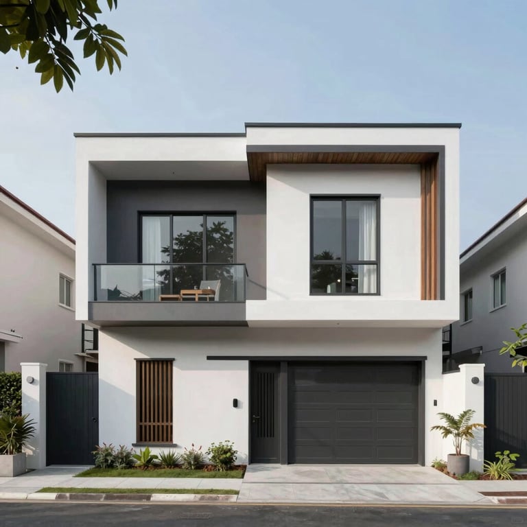 Modern minimalist living room with natural light and wooden accents.