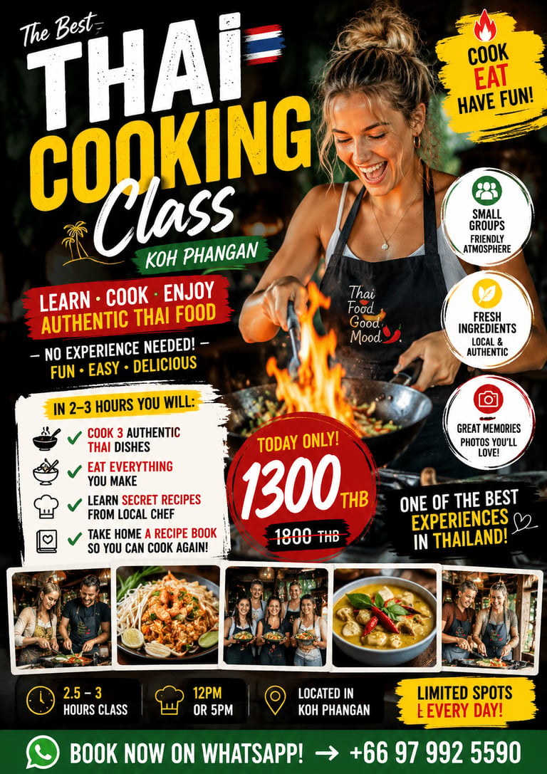 Authentic Thai cooking class poster in Koh Phangan featuring a smiling chef and fresh local food.