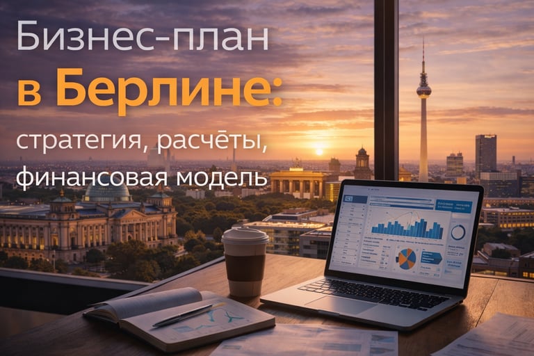 Бизнес-план в Берлине — вечерний вид делового центра города и финансовая модель проекта 