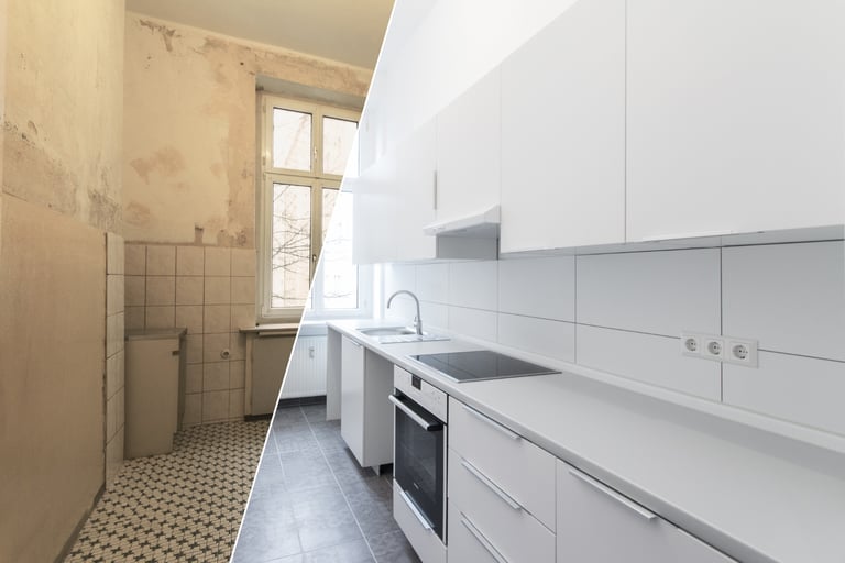 Rénovation d'intérieur dans un appartement à Toulon, transformation de la cuisine avec des finitions modernes.