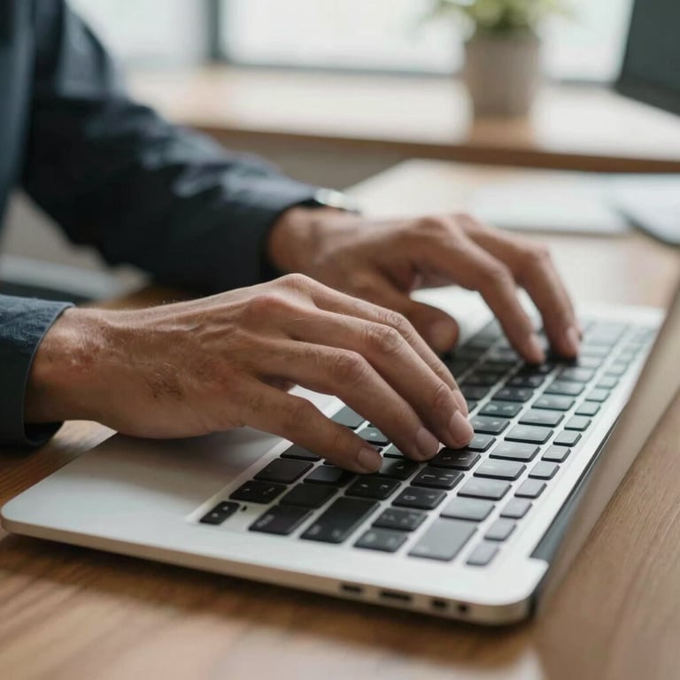 Close-up of professional South American / Brazilian hands typing on a sleek keyboard in a brightly lit, modern office space.
