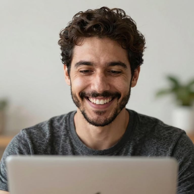 A close-up of a South American / Brazilian professional smiling warmly during a video call, capturing a sense of genuine connection and reliability.