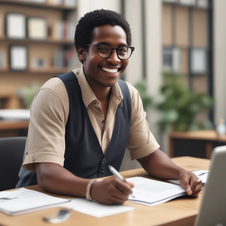 Photo of a computer workstation with application forms ready.