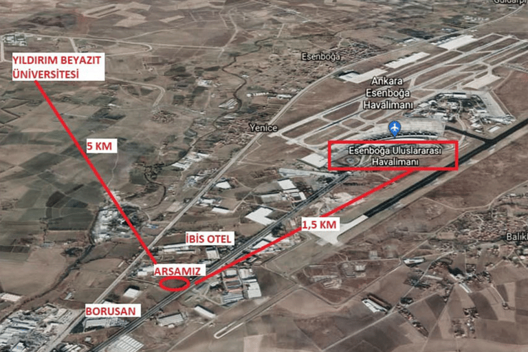 Ankara Esenboğa Havalimanı’nın yakınında; iki yapıdan oluşan, tamamlanmış bir inşaat projesinin haritadan konumu.