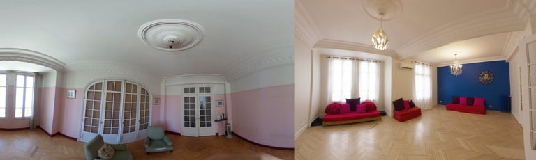 Avant/après de la transformation d'une pièce en cabinet de psychologie, avec mobilier minimaliste.