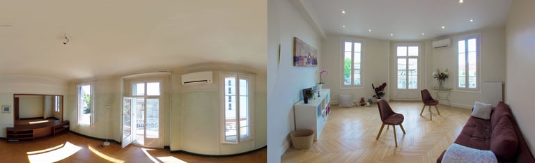 Vue avant/après de l'aménagement d'un cabinet de psychologie à Toulon, décor épuré et moderne.