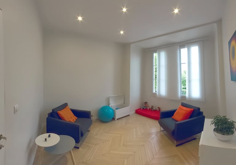 Bureau du psychologue avec bibliothèque intégrée et fauteuil en velours – Décoration moderne à Toulon.