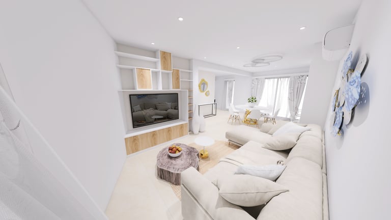 Rendu 3D hyperréaliste d'un salon lumineux - Décoration d'intérieur moderne à Toulon