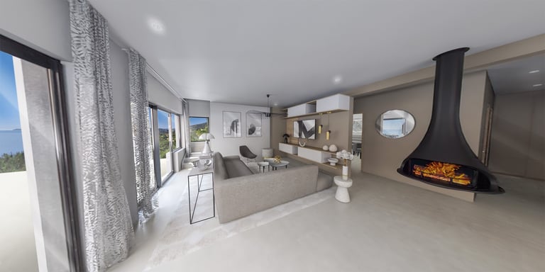 Salon ouvert avec cheminée moderne - Rendu 3D par infographiste PACA