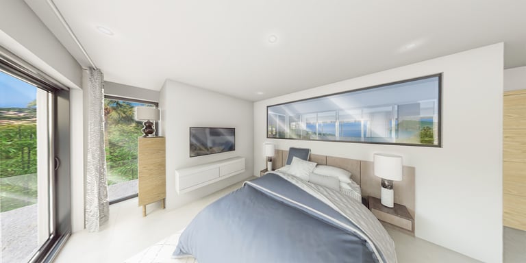 Chambre parentale en 3D avec vue mer - Décoration contemporaine Toulon