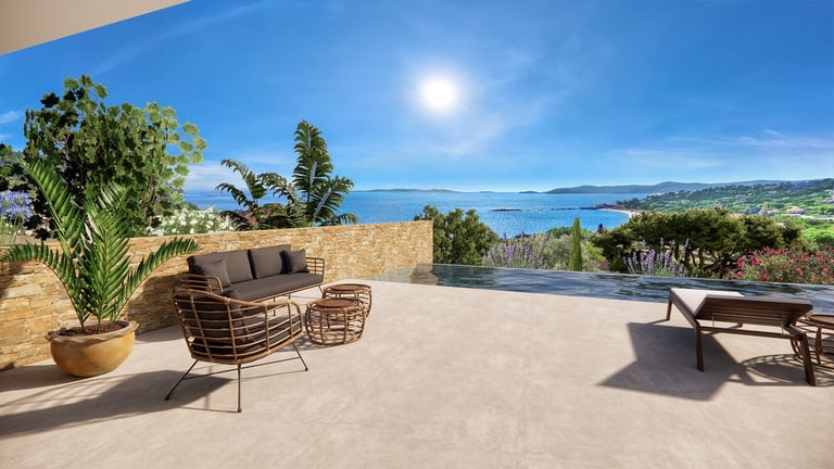 Simulation 3D de la villa E avec coin repas extérieur et piscine vue mer